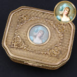 Antique French Napoleon III Era 4.75" Jewelry Casket, Gilt Box with Lovely Portrait Miniature