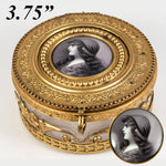 Antique French Gilt Ormolu Cased Glass Powder Jar, Box, Profile Portrait Miniature