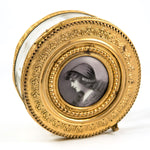 Antique French Gilt Ormolu Cased Glass Powder Jar, Box, Profile Portrait Miniature