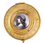Antique French Gilt Ormolu Cased Glass Powder Jar, Box, Profile Portrait Miniature