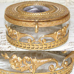 Antique French Gilt Ormolu Cased Glass Powder Jar, Box, Profile Portrait Miniature