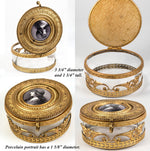 Antique French Gilt Ormolu Cased Glass Powder Jar, Box, Profile Portrait Miniature