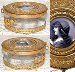 Antique French Gilt Ormolu Cased Glass Powder Jar, Box, Profile Portrait Miniature