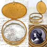 Antique French Gilt Ormolu Cased Glass Powder Jar, Box, Profile Portrait Miniature