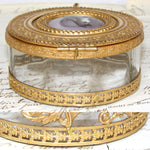 Antique French Gilt Ormolu Cased Glass Powder Jar, Box, Profile Portrait Miniature