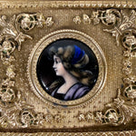Antique French Empire Revival Jewel Casket or Trinket Box, Limoges Enamel Profile Portrait Miniature