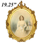 Antique 1848 Artist Signed Painting of a Girl with ID, Ornate Lemon Gilt Gesso on Wood Frame