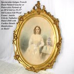 Antique 1848 Artist Signed Painting of a Girl with ID, Ornate Lemon Gilt Gesso on Wood Frame