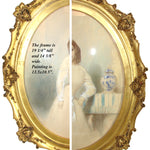 Antique 1848 Artist Signed Painting of a Girl with ID, Ornate Lemon Gilt Gesso on Wood Frame