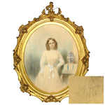 Antique 1848 Artist Signed Painting of a Girl with ID, Ornate Lemon Gilt Gesso on Wood Frame