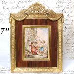 Antique French Miniature Painting with Dog apres Boucher, Gilt Bronze & Wood Mat Picture Frame