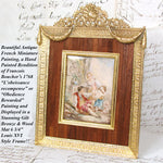 Antique French Miniature Painting with Dog apres Boucher, Gilt Bronze & Wood Mat Picture Frame