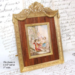 Antique French Miniature Painting with Dog apres Boucher, Gilt Bronze & Wood Mat Picture Frame