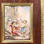 Antique French Miniature Painting with Dog apres Boucher, Gilt Bronze & Wood Mat Picture Frame