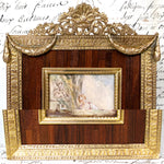 Antique French Miniature Painting with Dog apres Boucher, Gilt Bronze & Wood Mat Picture Frame