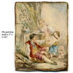 Antique French Miniature Painting with Dog apres Boucher, Gilt Bronze & Wood Mat Picture Frame
