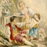 Antique French Miniature Painting with Dog apres Boucher, Gilt Bronze & Wood Mat Picture Frame