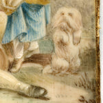 Antique French Miniature Painting with Dog apres Boucher, Gilt Bronze & Wood Mat Picture Frame