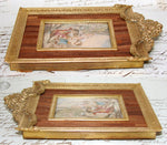 Antique French Miniature Painting with Dog apres Boucher, Gilt Bronze & Wood Mat Picture Frame