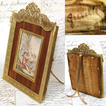 Antique French Miniature Painting with Dog apres Boucher, Gilt Bronze & Wood Mat Picture Frame