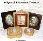 Antique French Miniature Painting with Dog apres Boucher, Gilt Bronze & Wood Mat Picture Frame