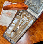 Fine Antique French Palais Royal Sewing Etui, Nécessaire, Mother of Pearl and 18k Gold in Burl Case