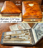 Fine Antique French Palais Royal Sewing Etui, Nécessaire, Mother of Pearl and 18k Gold in Burl Case