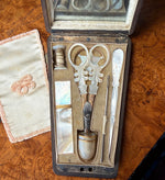 Fine Antique French Palais Royal Sewing Etui, Nécessaire, Mother of Pearl and 18k Gold in Burl Case