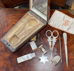 Fine Antique French Palais Royal Sewing Etui, Nécessaire, Mother of Pearl and 18k Gold in Burl Case