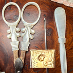 Fine Antique French Palais Royal Sewing Etui, Nécessaire, Mother of Pearl and 18k Gold in Burl Case