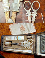 Fine Antique French Palais Royal Sewing Etui, Nécessaire, Mother of Pearl and 18k Gold in Burl Case