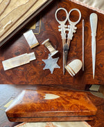 Fine Antique French Palais Royal Sewing Etui, Nécessaire, Mother of Pearl and 18k Gold in Burl Case