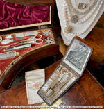Fine Antique French Palais Royal Sewing Etui, Nécessaire, Mother of Pearl and 18k Gold in Burl Case