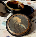 Antique 18th Century Tortoise Shell Portrait Miniature Snuff Box w Original Leather Presentation Case, Box