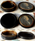 Antique 18th Century Tortoise Shell Portrait Miniature Snuff Box w Original Leather Presentation Case, Box