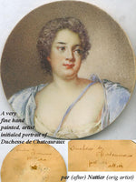 Antique French Portrait Signed Miniature: Duchesse de Chateauraux in Faux Tortoise Frame