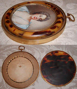 Antique French Portrait Signed Miniature: Duchesse de Chateauraux in Faux Tortoise Frame