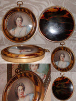 Antique French Portrait Signed Miniature: Duchesse de Chateauraux in Faux Tortoise Frame