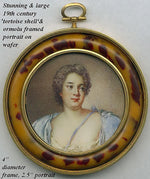 Antique French Portrait Signed Miniature: Duchesse de Chateauraux in Faux Tortoise Frame