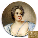 Antique French Portrait Signed Miniature: Duchesse de Chateauraux in Faux Tortoise Frame