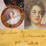 Antique French Portrait Signed Miniature: Duchesse de Chateauraux in Faux Tortoise Frame