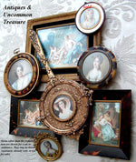 Antique French Portrait Signed Miniature: Duchesse de Chateauraux in Faux Tortoise Frame