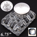 Rare Massive Antique French Sterling Silver & Cut Crystal 6.75" "Paperweight" Style Inkwell, Yacht Anchor & Flags Engraving