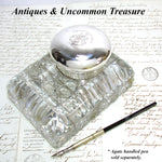 Rare Massive Antique French Sterling Silver & Cut Crystal 6.75" "Paperweight" Style Inkwell, Yacht Anchor & Flags Engraving