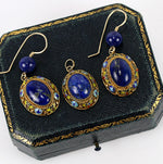 Antique to Vintage 3pc Parure, Lapis Lazuli Cabochon set in Enamel ed Vermeil, 14k Wires