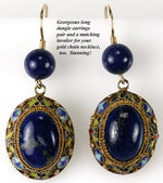 Antique to Vintage 3pc Parure, Lapis Lazuli Cabochon set in Enamel ed Vermeil, 14k Wires