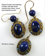 Antique to Vintage 3pc Parure, Lapis Lazuli Cabochon set in Enamel ed Vermeil, 14k Wires