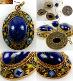 Antique to Vintage 3pc Parure, Lapis Lazuli Cabochon set in Enamel ed Vermeil, 14k Wires