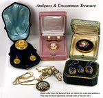 Antique to Vintage 3pc Parure, Lapis Lazuli Cabochon set in Enamel ed Vermeil, 14k Wires