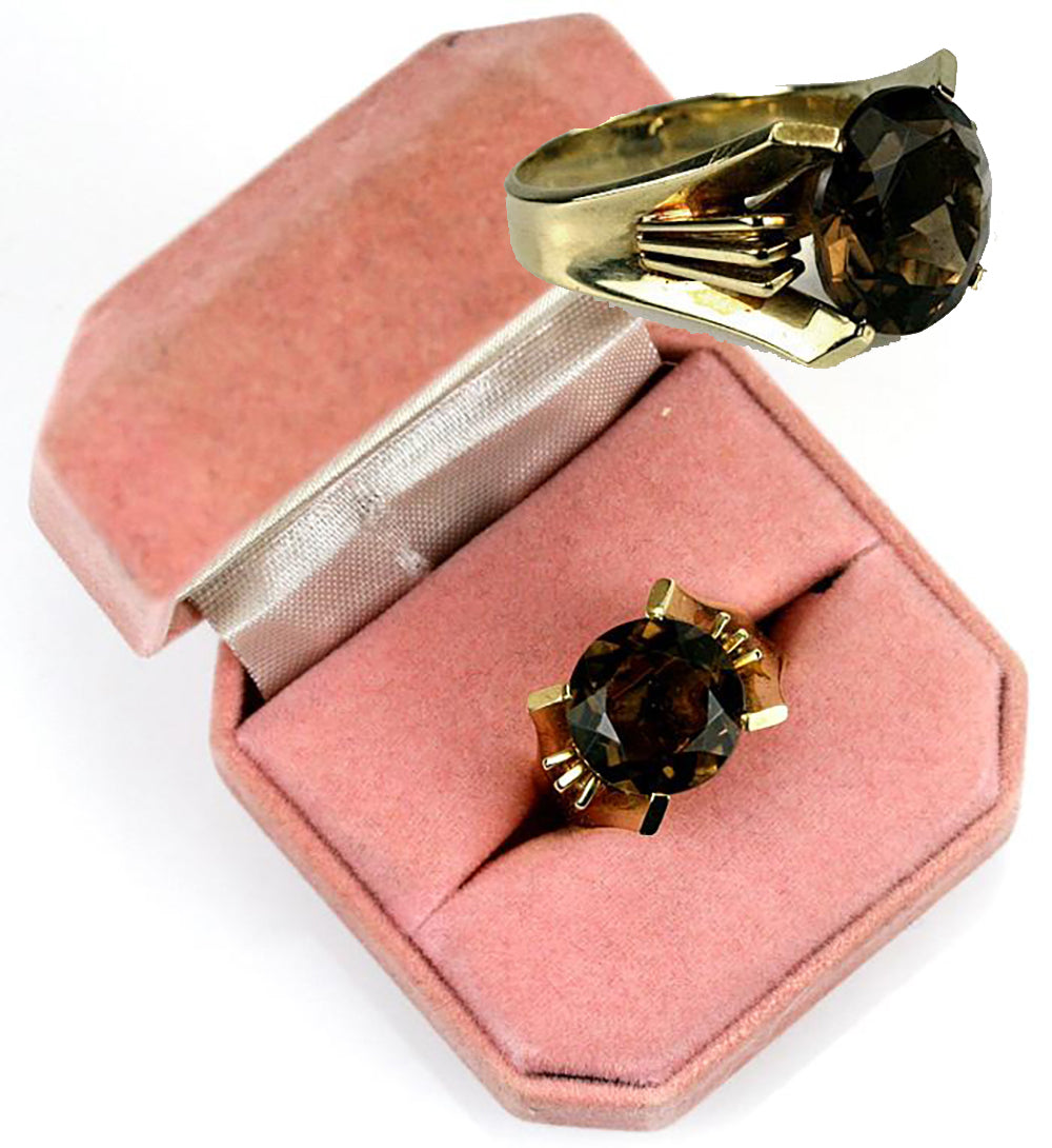 Beautiful Vintage Large Smoky Topaz, 18K Yellow Gold Ring, USA Size 6